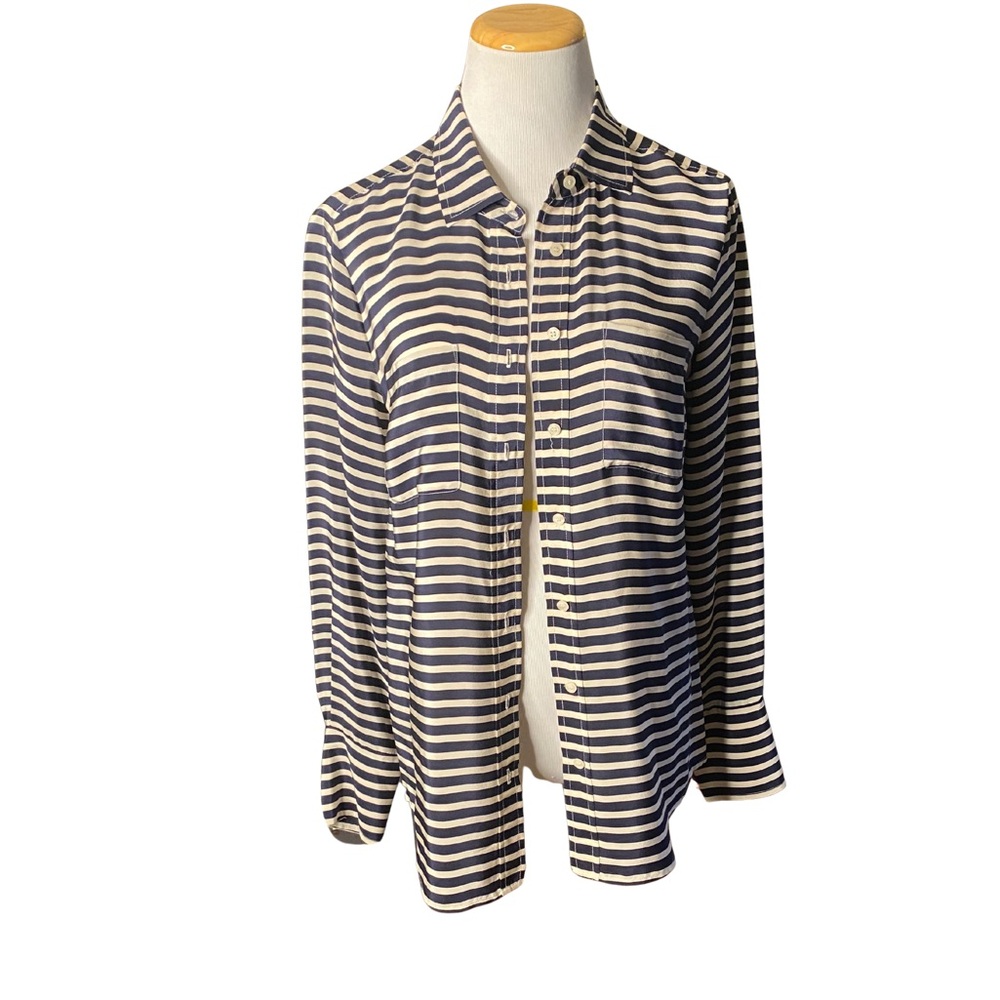 J.Crew Silk navy blue and white striped long sleeve button down- size xs